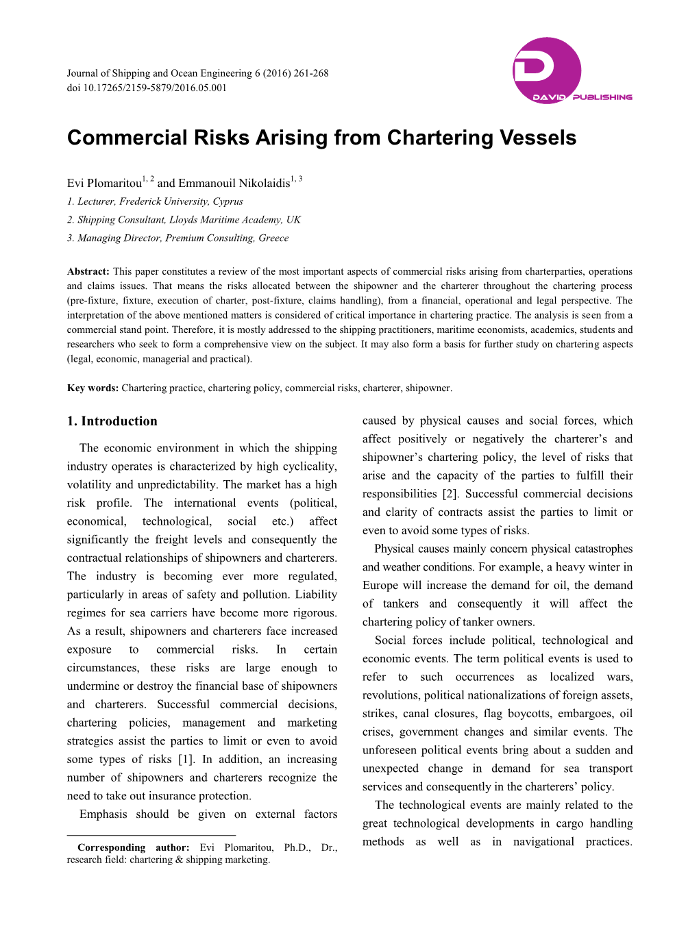 Commercial Risks Arising from Chartering Vessels