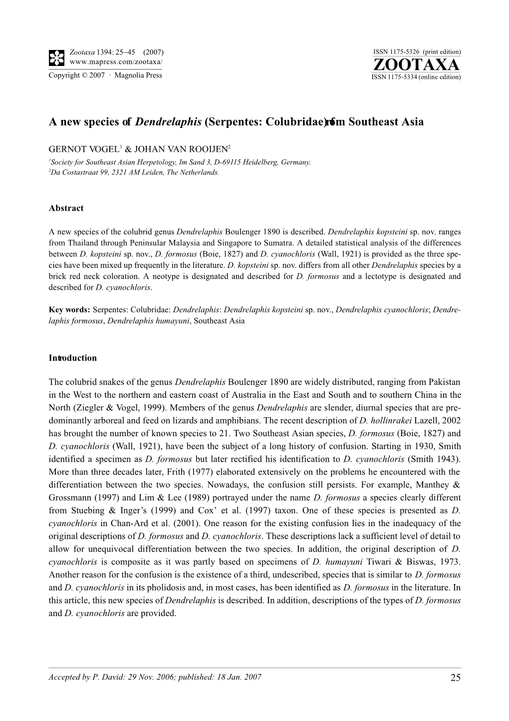 Zootaxa: a New Species of Dendrelaphis