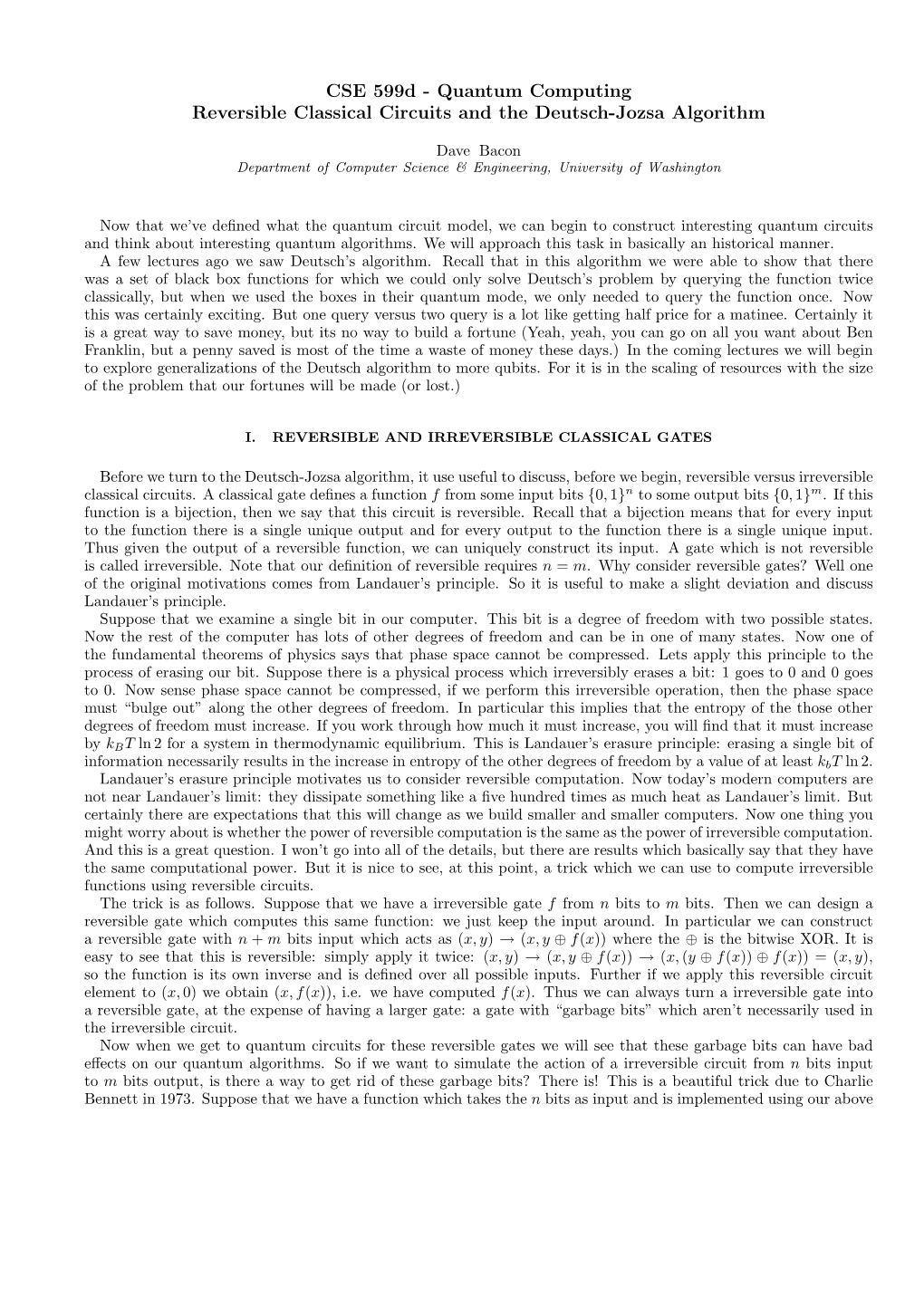 Reversible Classical Circuits and the Deutsch-Jozsa Algorithm