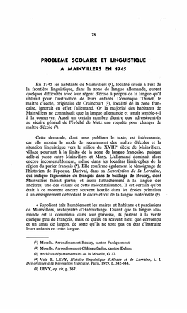 Problem'e Scolaire Et Linguistique a Mainvillers En 1745