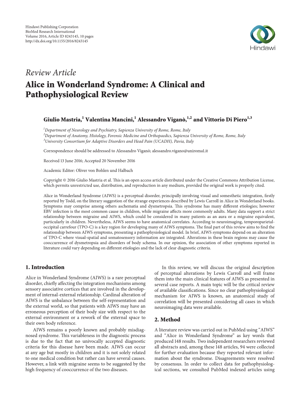 Review Article Alice in Wonderland Syndrome: a Clinical and Pathophysiological Review