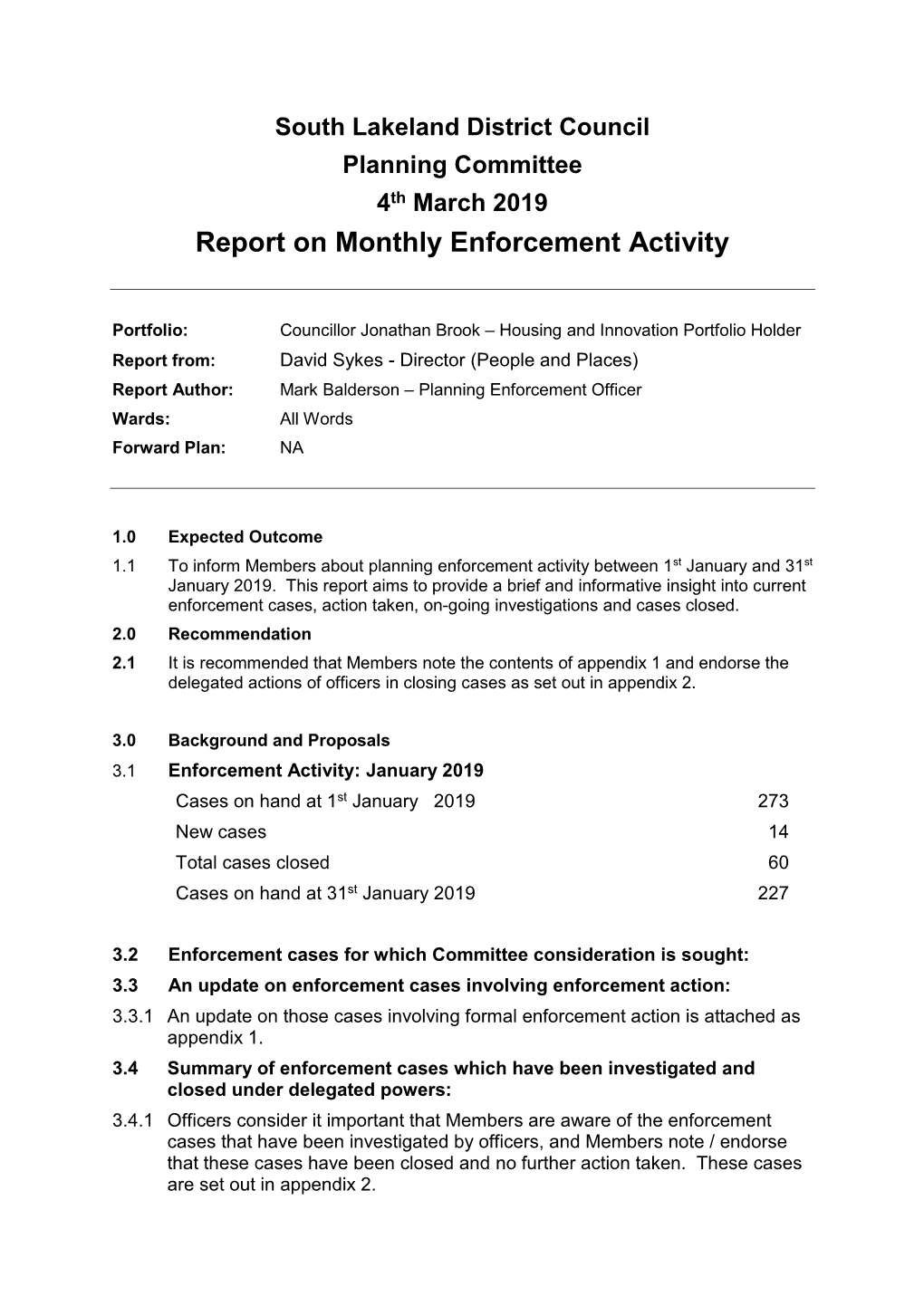 Report on Monthly Enforcement Activity