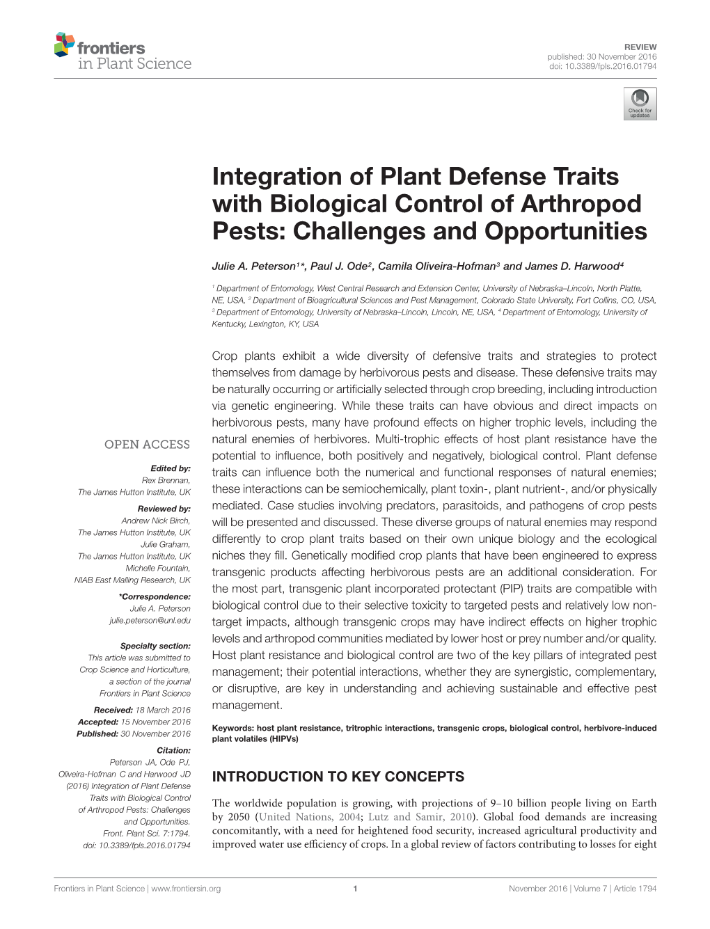 Integration of Plant Defense Traits with Biological Control of Arthropod Pests: Challenges and Opportunities