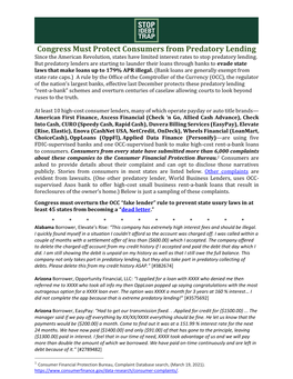 Congress Must Protect Consumers from Predatory Lending Since the American Revolution, States Have Limited Interest Rates to Stop Predatory Lending