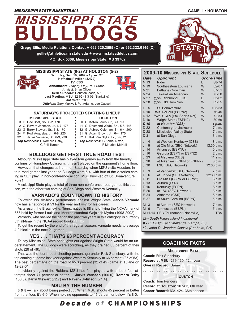 Houston Game Notes.Indd
