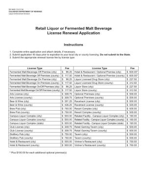 Retail Liquor Or Fermented Malt Beverage License Renewal Application
