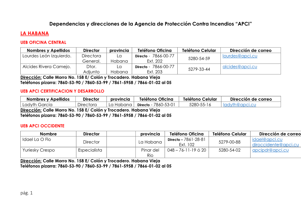 Pág. 1 Dependencias Y Direcciones De La Agencia De Protección Contra Incendios “APCI” LA HABANA