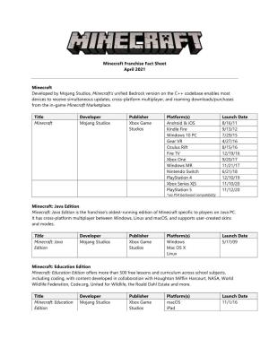 Minecraft Franchise Fact Sheet April 2021