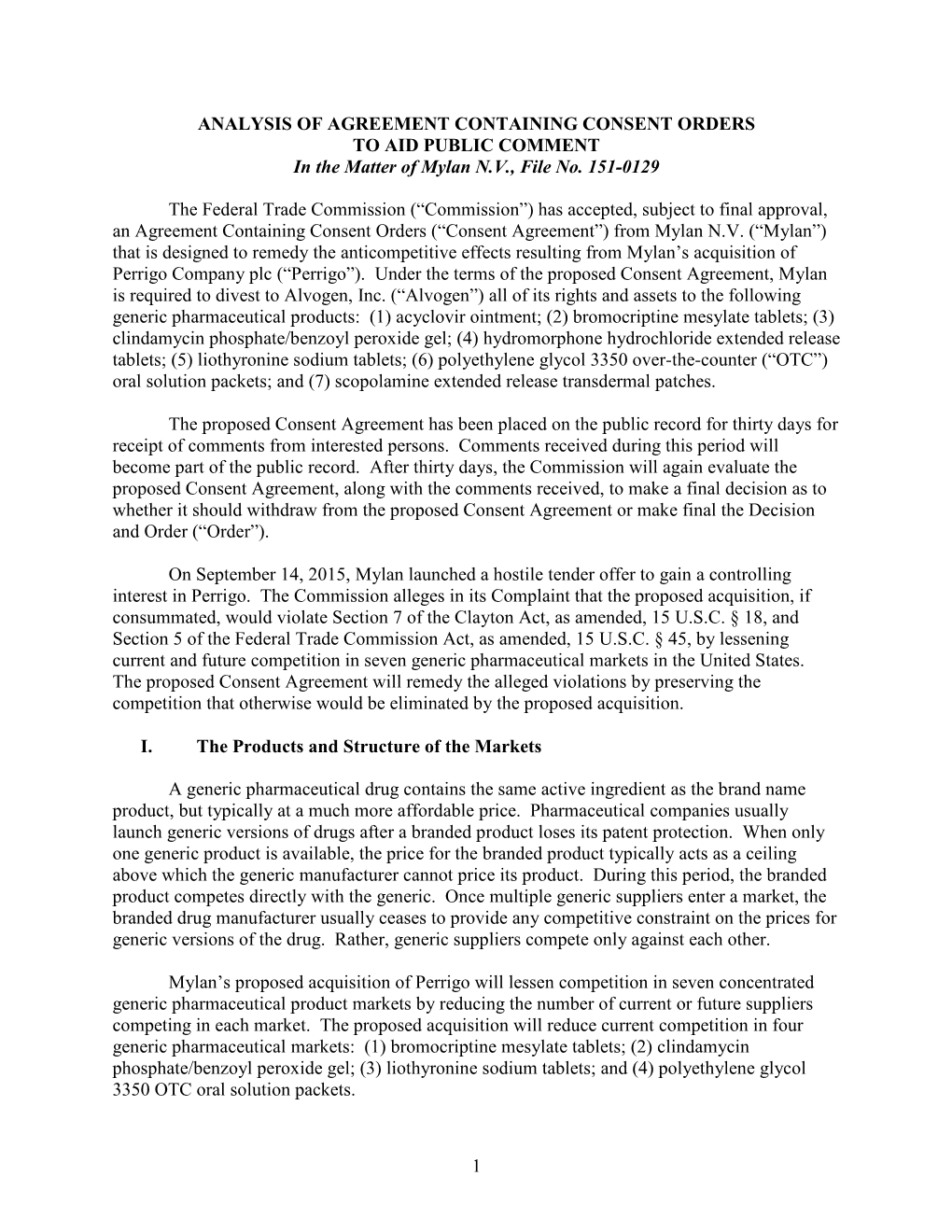 ANALYSIS of AGREEMENT CONTAINING CONSENT ORDERS to AID PUBLIC COMMENT in the Matter of Mylan N.V., File No