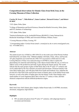 Compositional Observations for Islamic Glass from Sīrāf, Iran, in the Corning Museum of Glass Collection