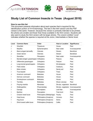 Study List of Common Insects in Texas (August 2018)