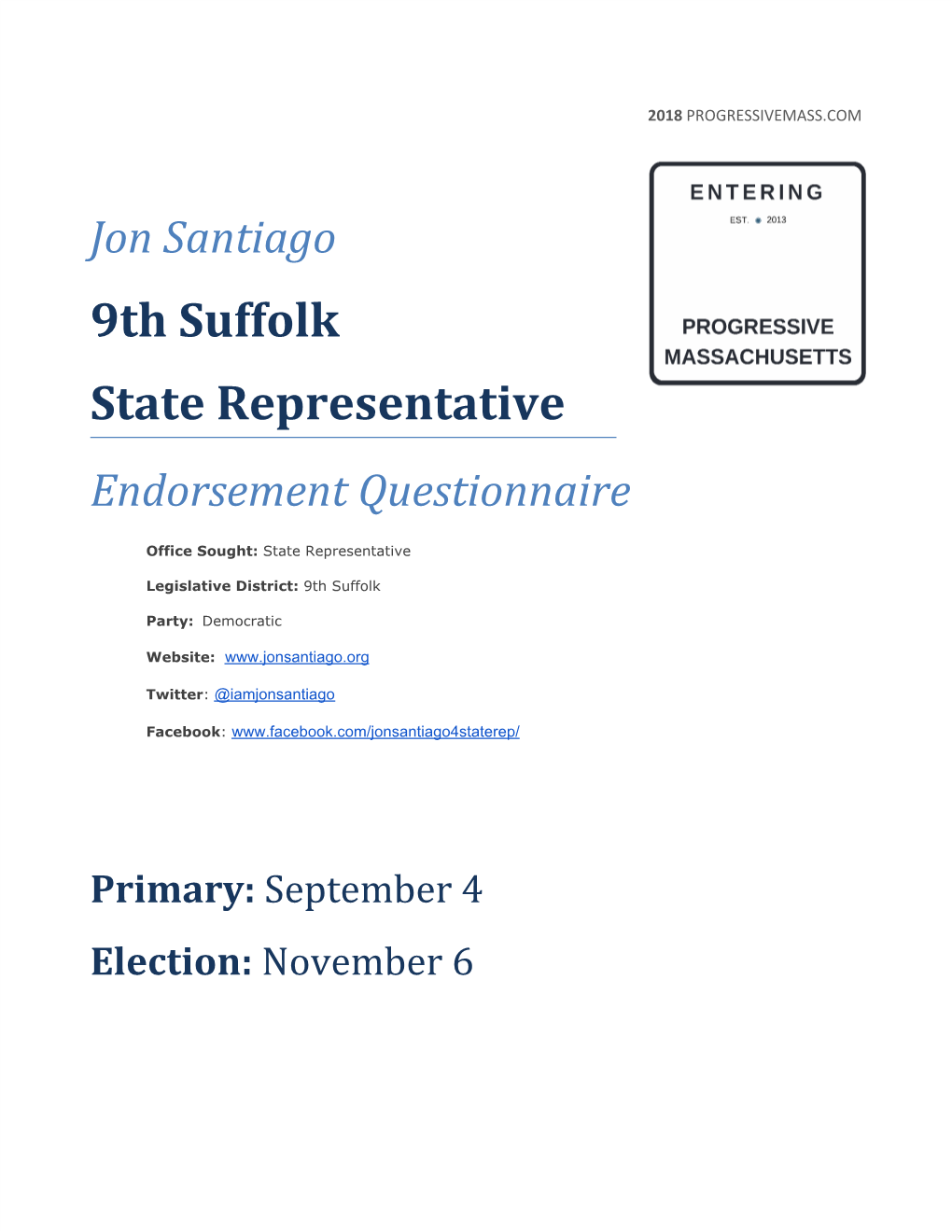 Jon Santiago 9Th Suffolk State Representative Endorsement Questionnaire