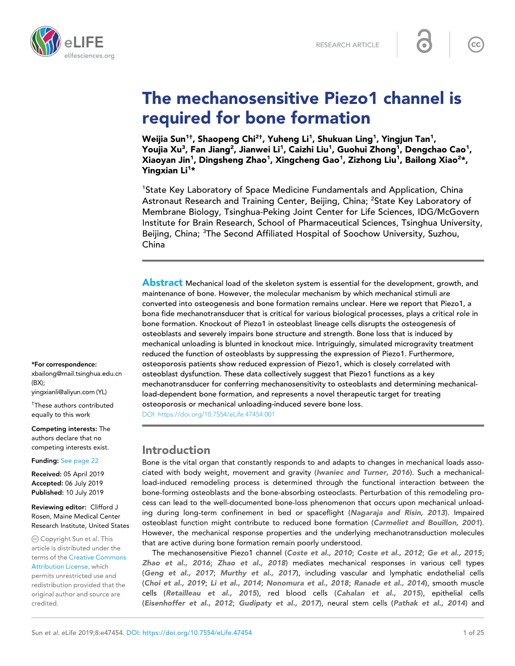 The Mechanosensitive Piezo1 Channel Is Required for Bone Formation