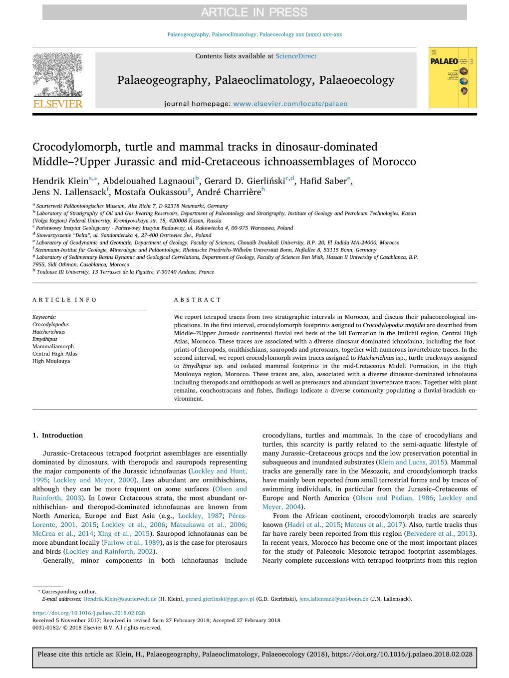 Upper Jurassic and Mid-Cretaceous Ichnoassemblages of Morocco ⁎ Hendrik Kleina, , Abdelouahed Lagnaouib, Gerard D