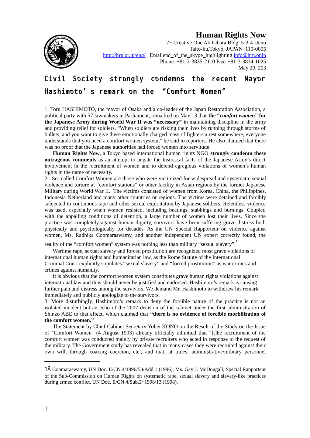 Comfort Women Statement English Version.Pdf