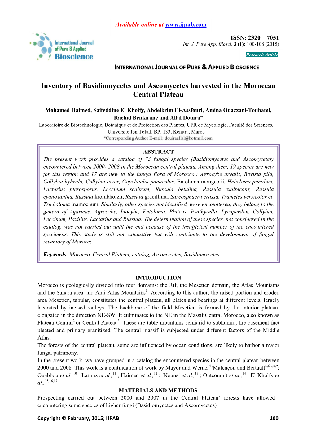 Inventory of Basidiomycetes and Ascomycetes Harvested in the Moroccan Central Plateau