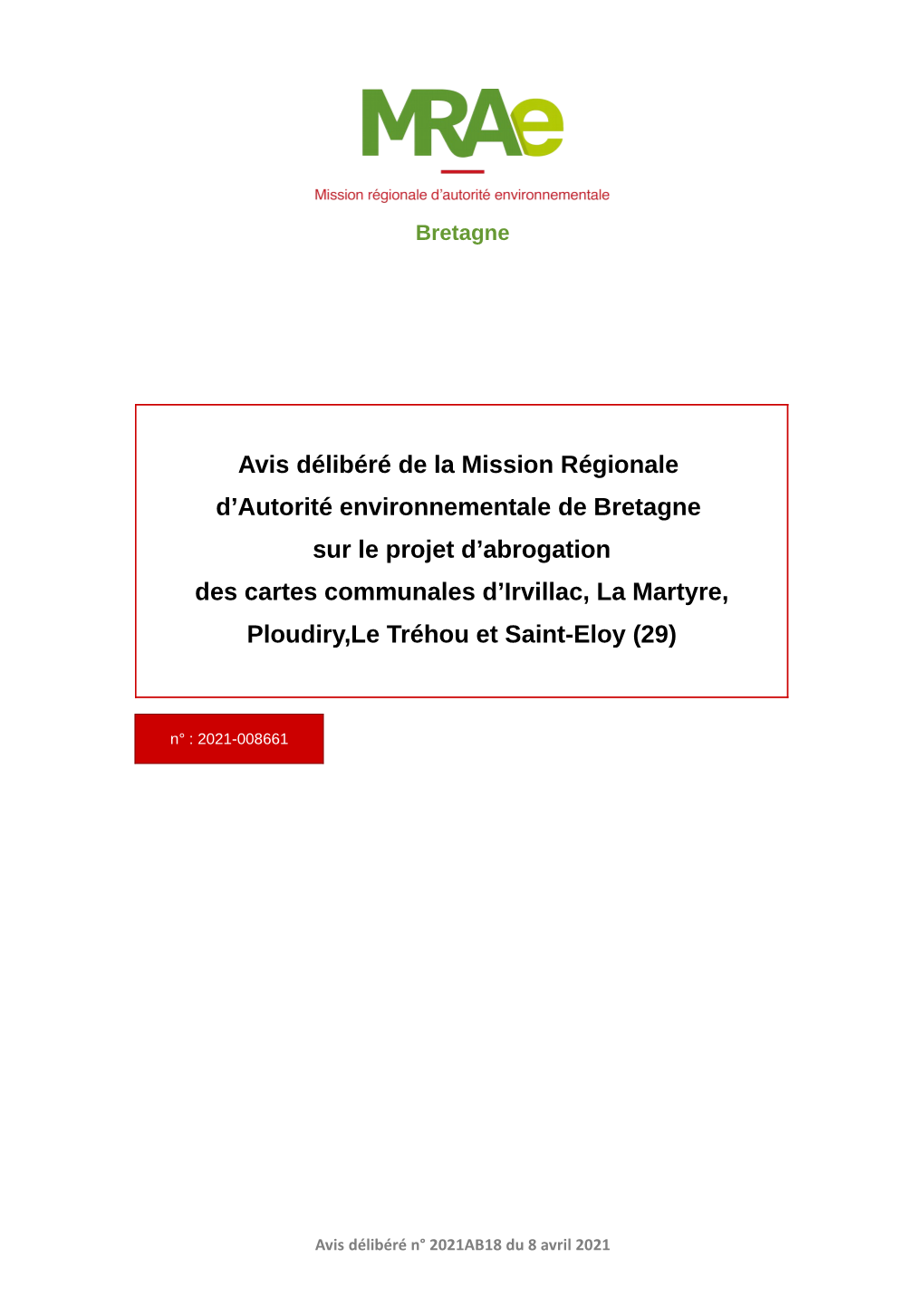 Avis Délibéré De La Mission Régionale D'autorité Environnementale De