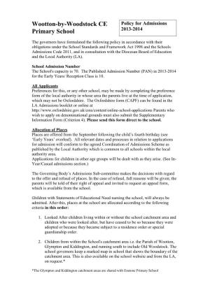 Wootton-By-Woodstock CE Policy for Admissions Primary School 2013-2014