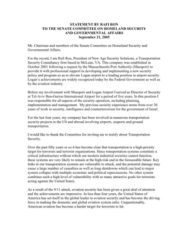 STATEMENT by RAFI RON to the SENATE COMMITTEE on HOMELAND SECURITY and GOVERNMENTAL AFFAIRS September 21, 2005