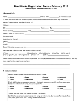 Bandworks Registration Form – February 2012 Session Begins the Week of February 6, 2012