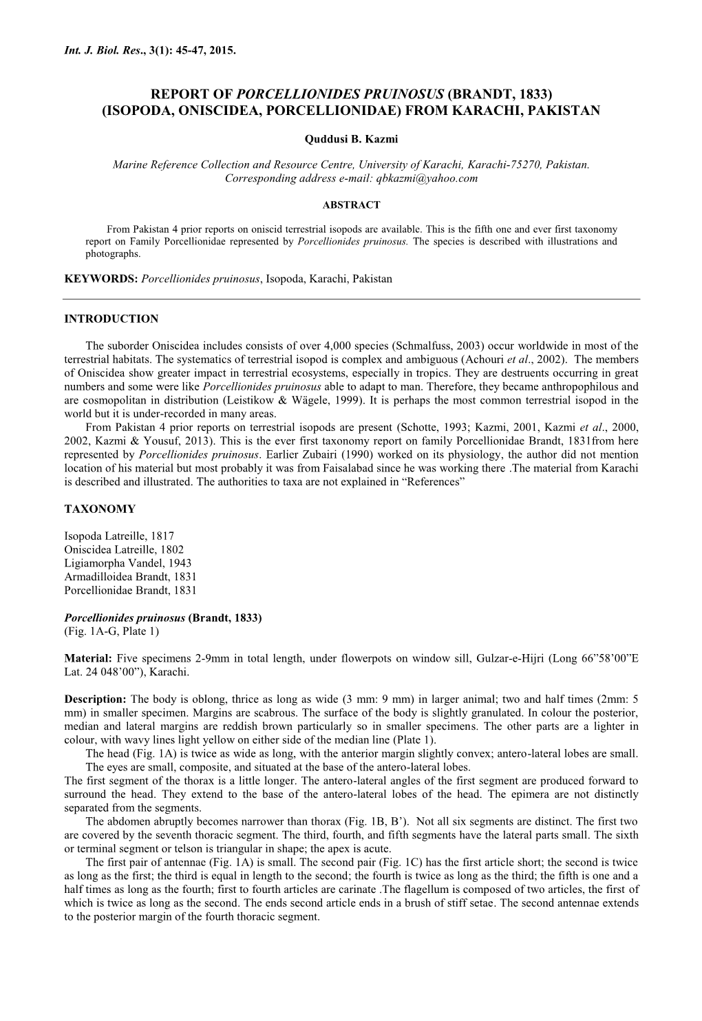 Report of Porcellionides Pruinosus (Brandt, 1833) (Isopoda, Oniscidea, Porcellionidae) from Karachi, Pakistan