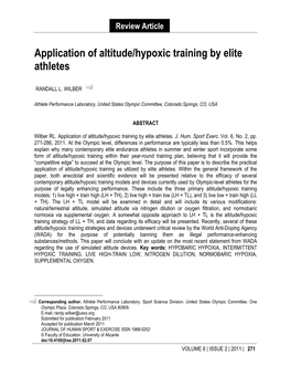 Application of Altitude/Hypoxic Training by Elite Athletes