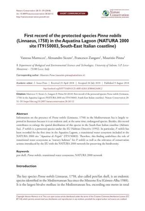 First Record of the Protected Species Pinna Nobilis (Linnaeus, 1758) in the Aquatina Lagoon (NATURA 2000 Site IT9150003, South-East Italian Coastline)