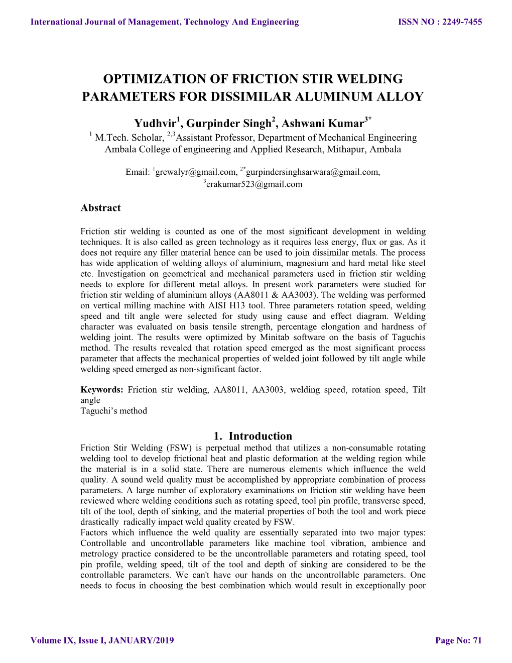 Optimization of Friction Stir Welding Parameters for Dissimilar Aluminum Alloy