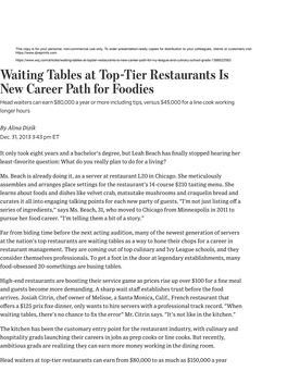 Waiting Tables at Top-Tier Restaurants Is New Career