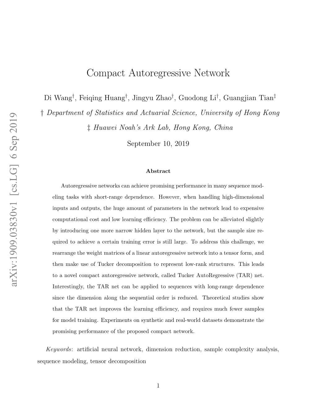 Compact Autoregressive Network Arxiv:1909.03830V1 [Cs.LG] 6 Sep 2019