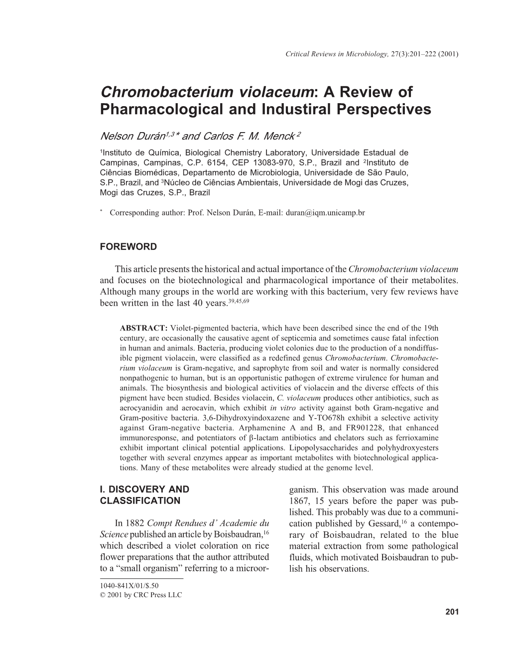 Chromobacterium Violaceum: a Review of Pharmacological and Industiral Perspectives