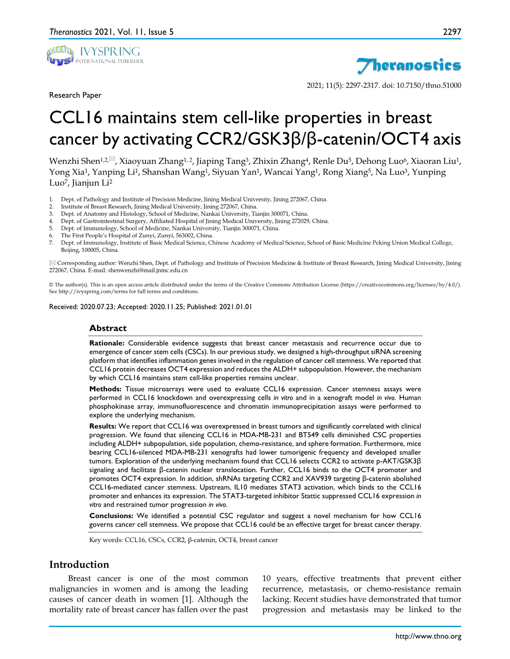 Theranostics CCL16 Maintains Stem Cell-Like Properties in Breast Cancer