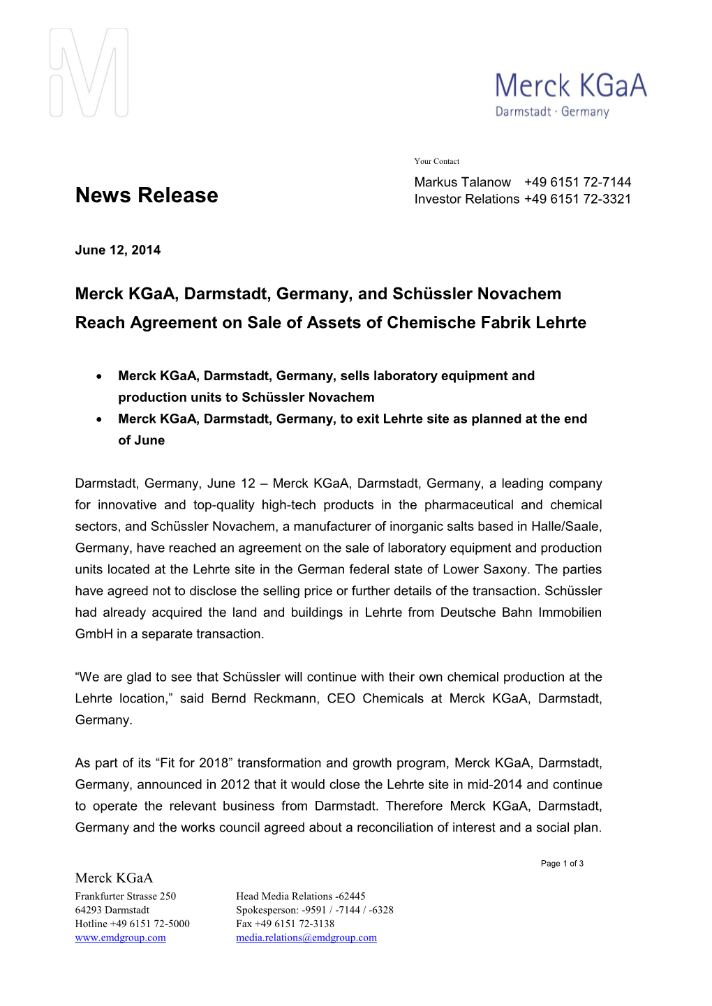 Merck Kgaa, Darmstadt, Germany, and Schüssler Novachem Reach Agreement on Sale of Assets of Chemische Fabrik Lehrte