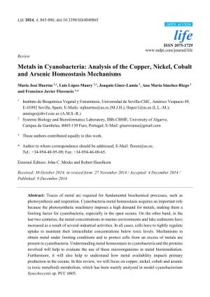 Metals in Cyanobacteria: Analysis of the Copper, Nickel, Cobalt and Arsenic Homeostasis Mechanisms