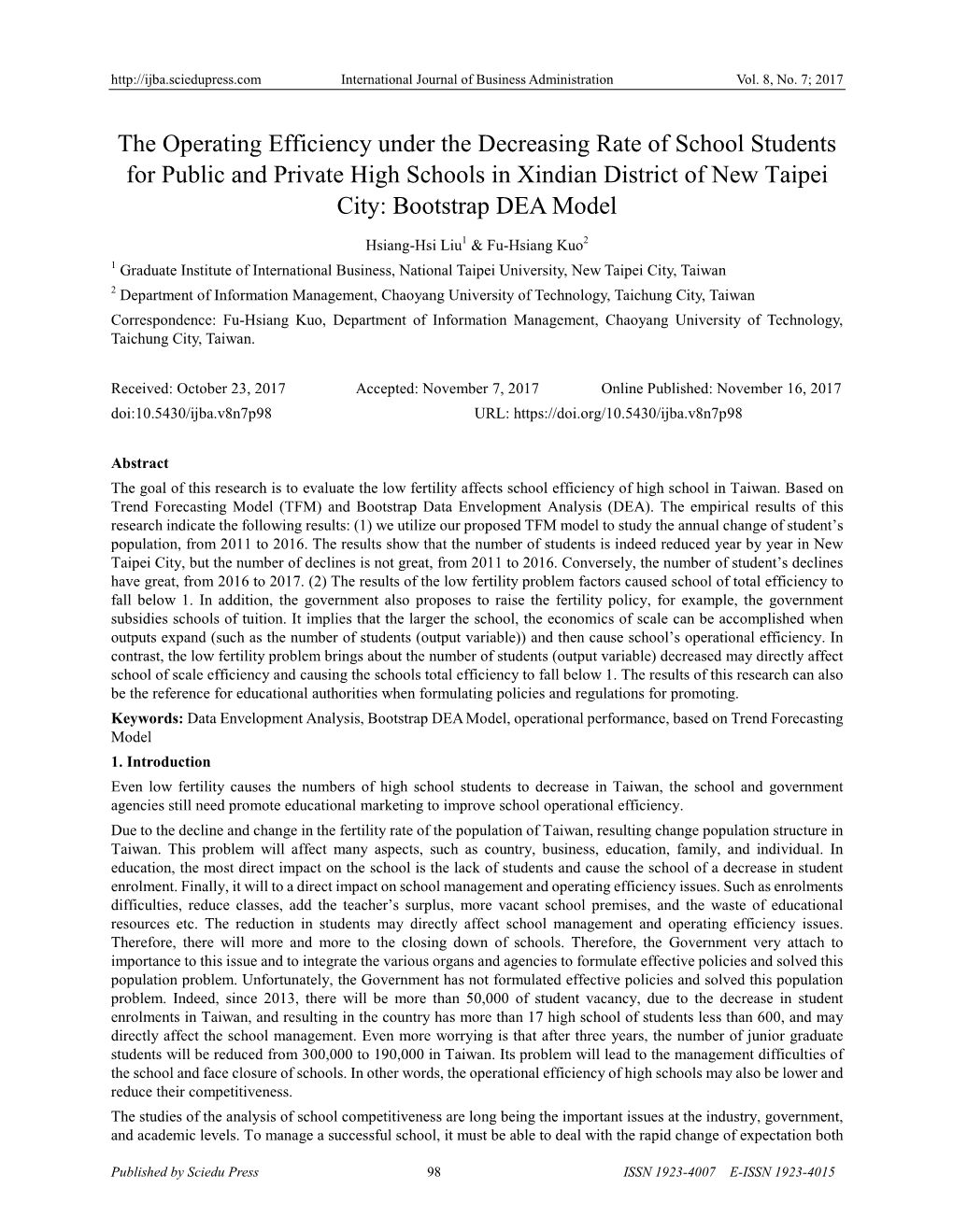 The Operating Efficiency Under the Decreasing Rate of School Students for Public and Private High Schools in Xindian District of New Taipei City: Bootstrap DEA Model