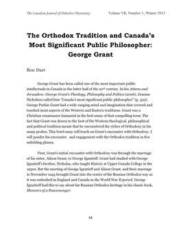 Ron Dart, Orthodox Tradition and George Grant