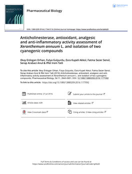 Anticholinesterase, Antioxidant, Analgesic and Anti-Inflammatory Activity Assessment of Xeranthemum Annuum L