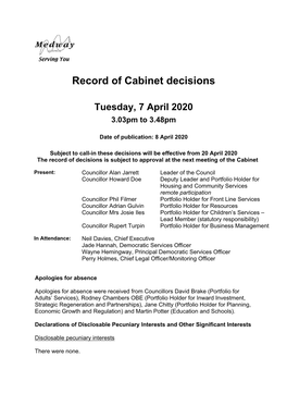 (Public Pack)Minutes Document for Cabinet, 07/04/2020 15:00