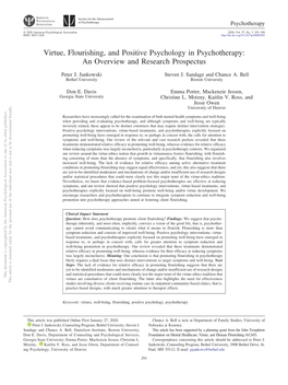 Virtue, Flourishing, and Positive Psychology in Psychotherapy: an Overview and Research Prospectus