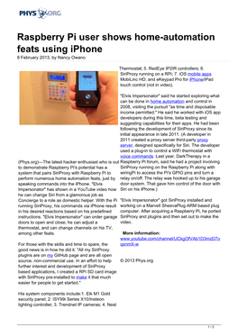 Raspberry Pi User Shows Home-Automation Feats Using Iphone 8 February 2013, by Nancy Owano