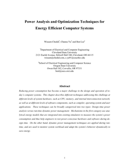 Power Analysis and Optimization Techniques for Energy Efficient Computer Systems