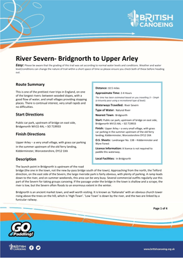 River Severn- Bridgnorth to Upper Arley Easy: Please Be Aware That the Grading of This Trail Was Set According to Normal Water Levels and Conditions