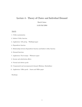 Lecture 4 " Theory of Choice and Individual Demand