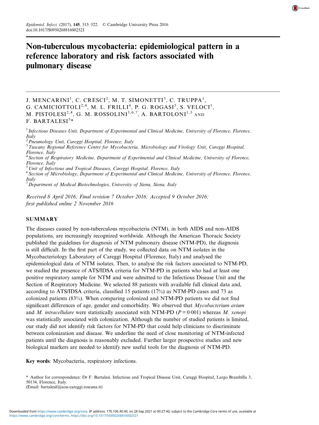 Non-Tuberculous Mycobacteria: Epidemiological Pattern in a Reference Laboratory and Risk Factors Associated with Pulmonary Disease