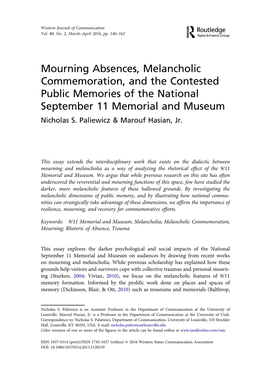 Mourning Absences, Melancholic Commemoration, and the Contested Public Memories of the National September 11 Memorial and Museum Nicholas S