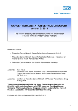 CANCER REHABILITATION SERVICE DIRECTORY Version 3: 2011