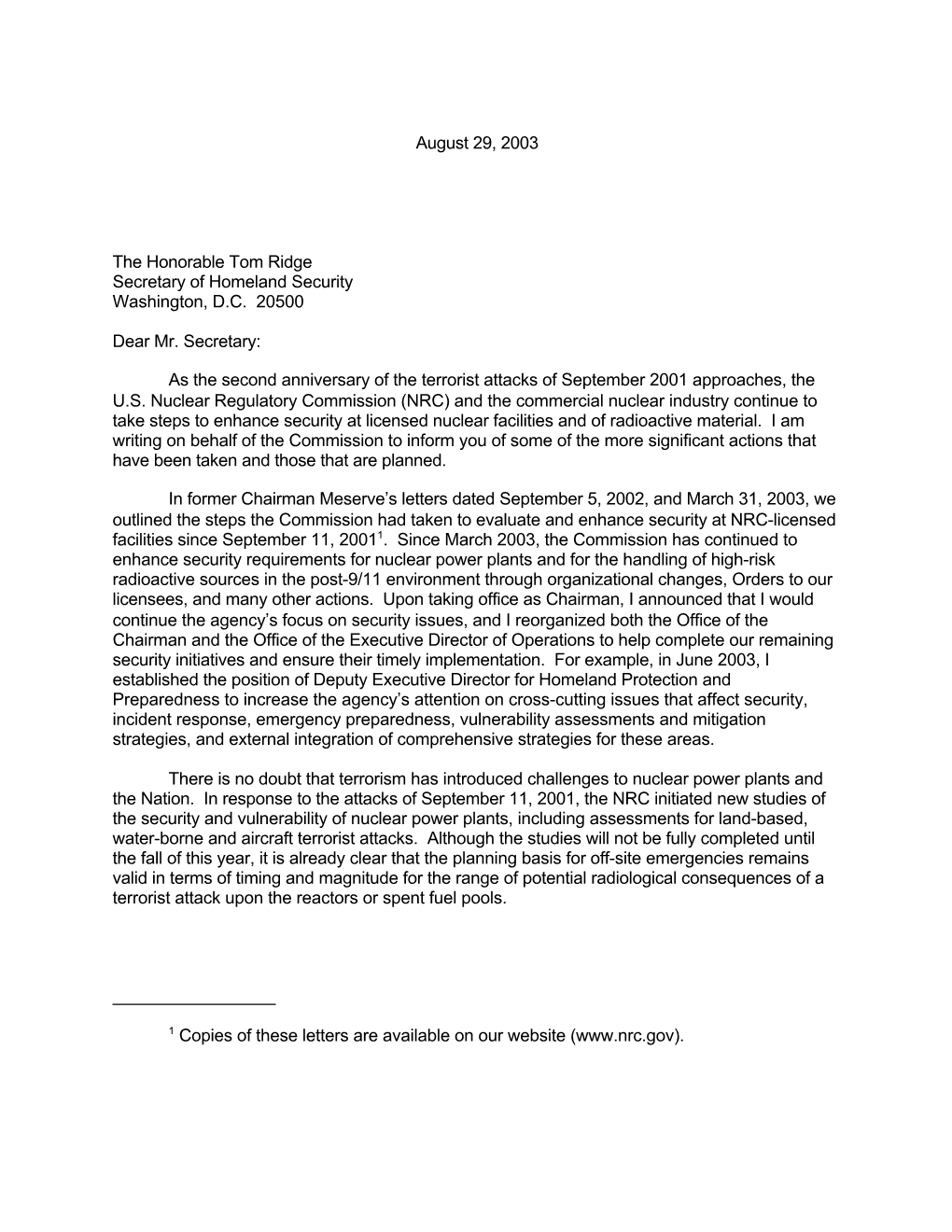 Letter to the Honorable Tom Ridge