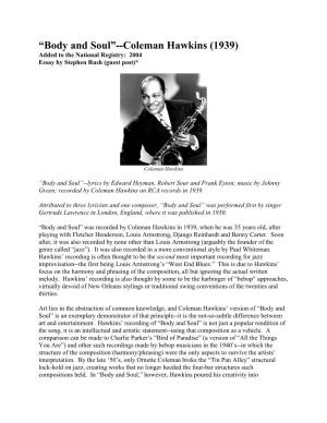 “Body and Soul”--Coleman Hawkins (1939) Added to the National Registry: 2004 Essay by Stephen Rush (Guest Post)*