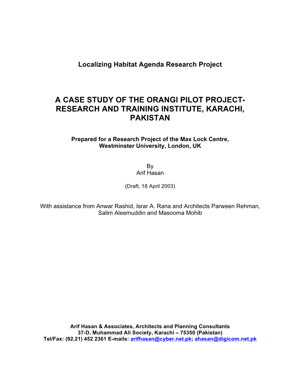 A Case Study of the Orangi Pilot Project- Research and Training Institute, Karachi, Pakistan