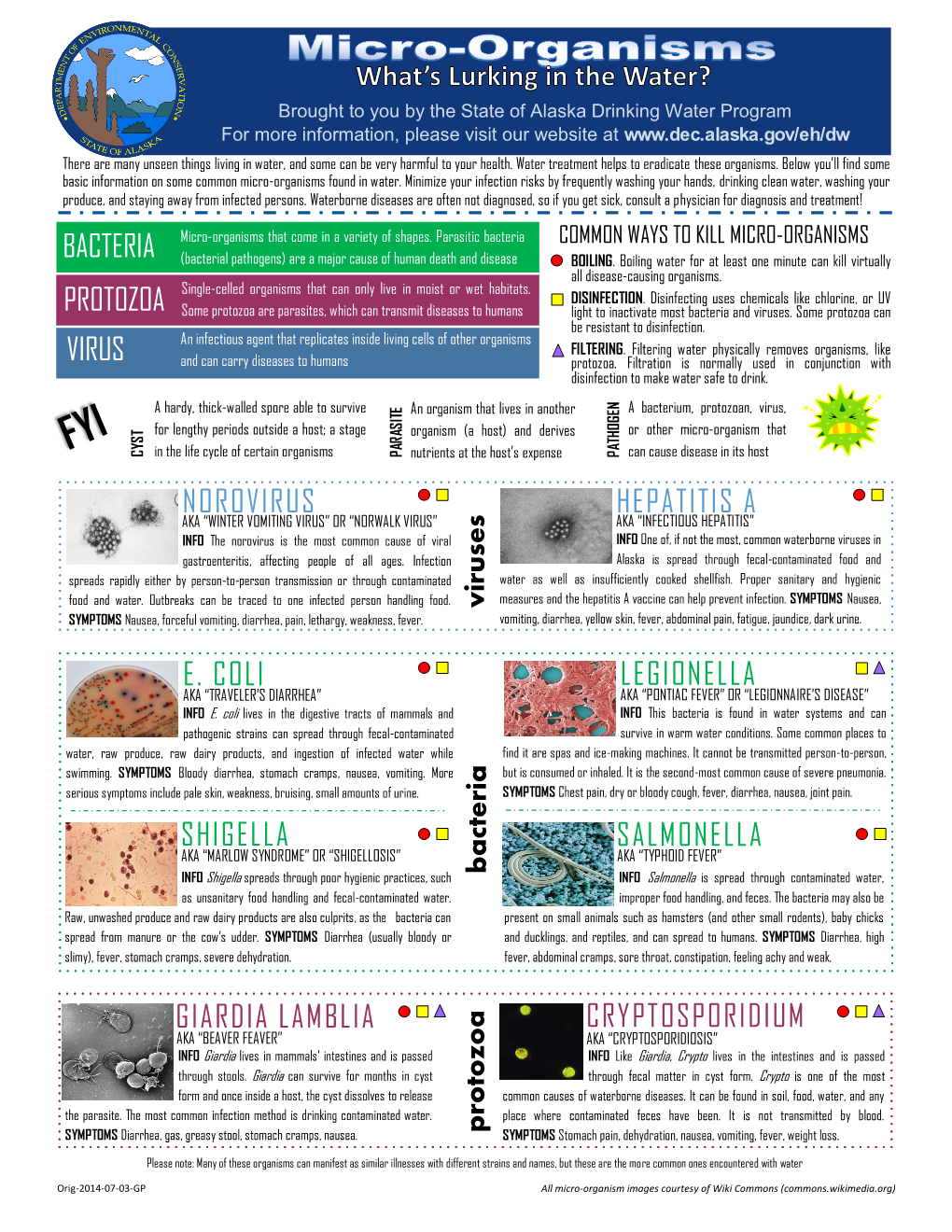 Cryptosporidium Giardia Lamblia Virus E. Coli Shigella Legionella Salmonella Norovirus Hepatitis A